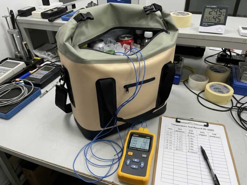 multi-probe thermocouple cold-hold test on a loaded soft cooler